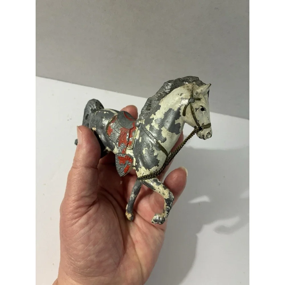 Vintage Cast Iron Horse Figurine Chain Reins Red Saddle Toy Gray White Pony